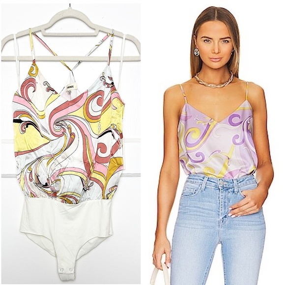 NWT L'AGENCE Silk 70s Abstract Print Racerback V-Neck Camisole Tank Bodysuit XS - Picture 1 of 10